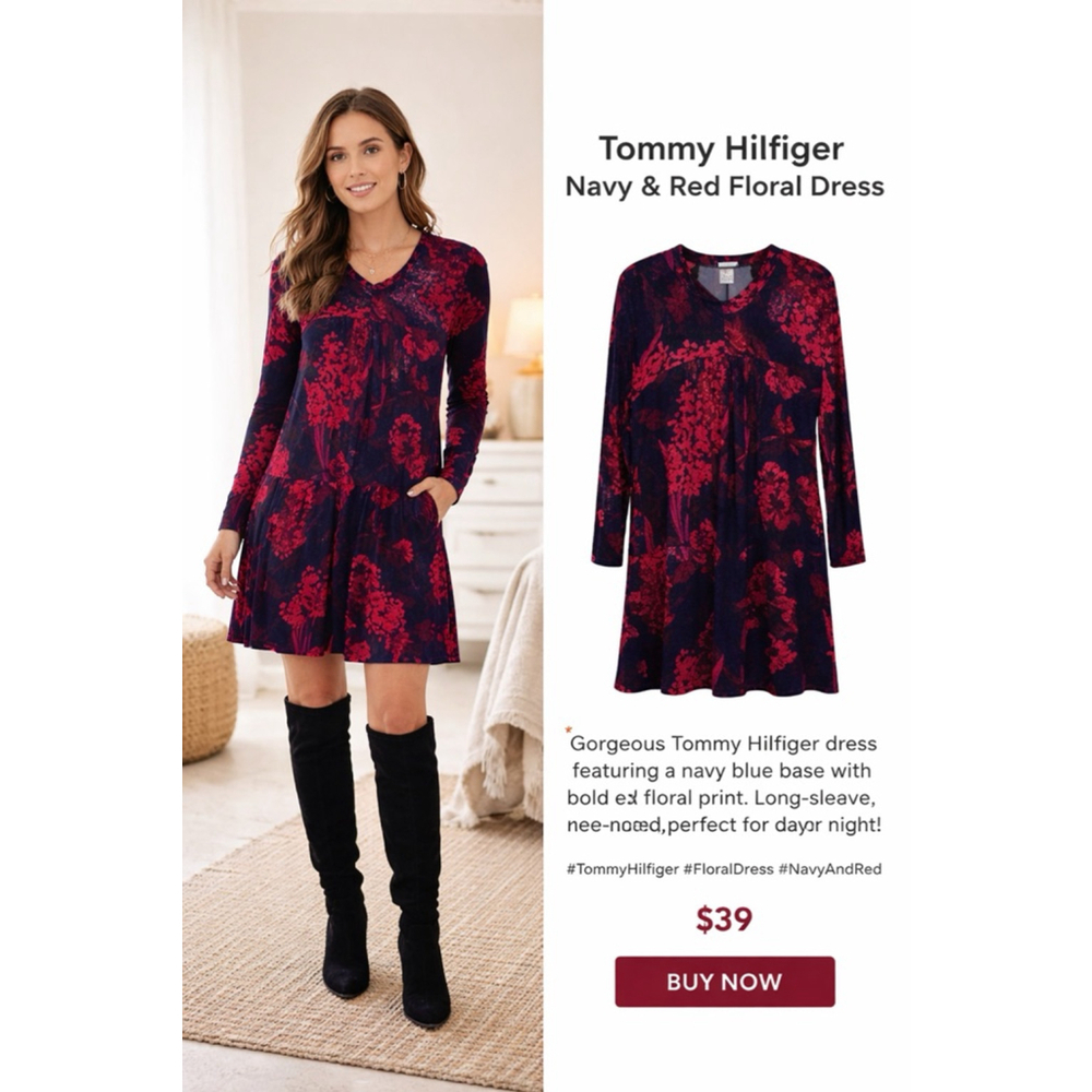 Tommy Hilfiger Navy & Red Floral Long Sleeve Dress - Size 16